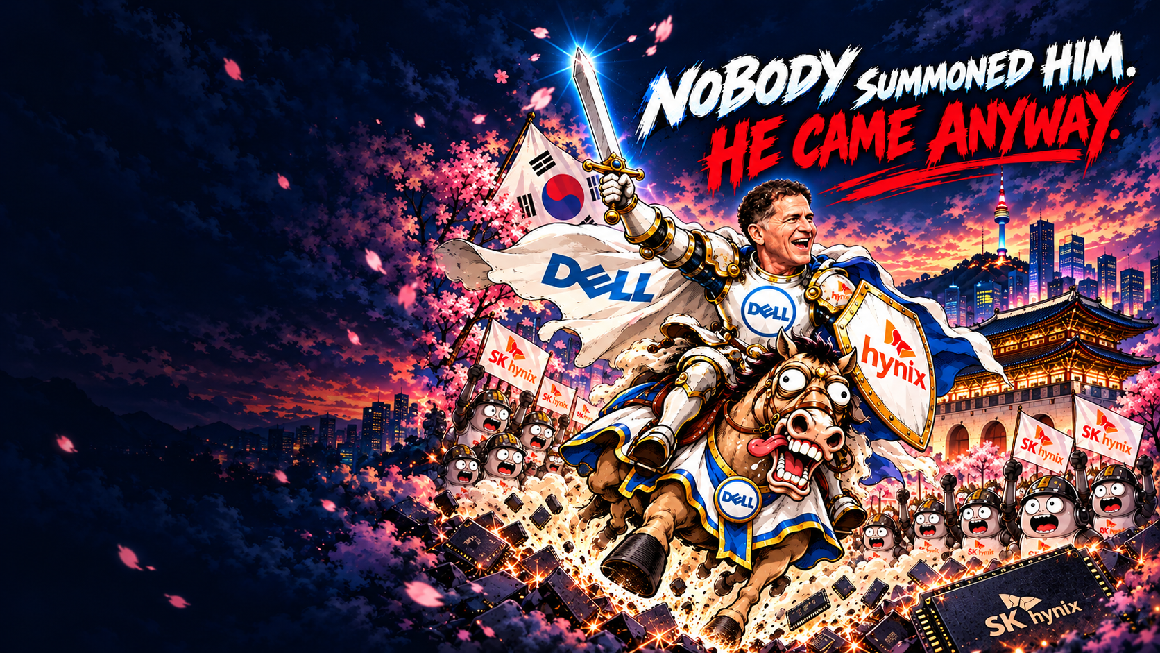 Satirical White Knight poster inspired by the Dell-family investment story, with SK hynix flags across Seoul.